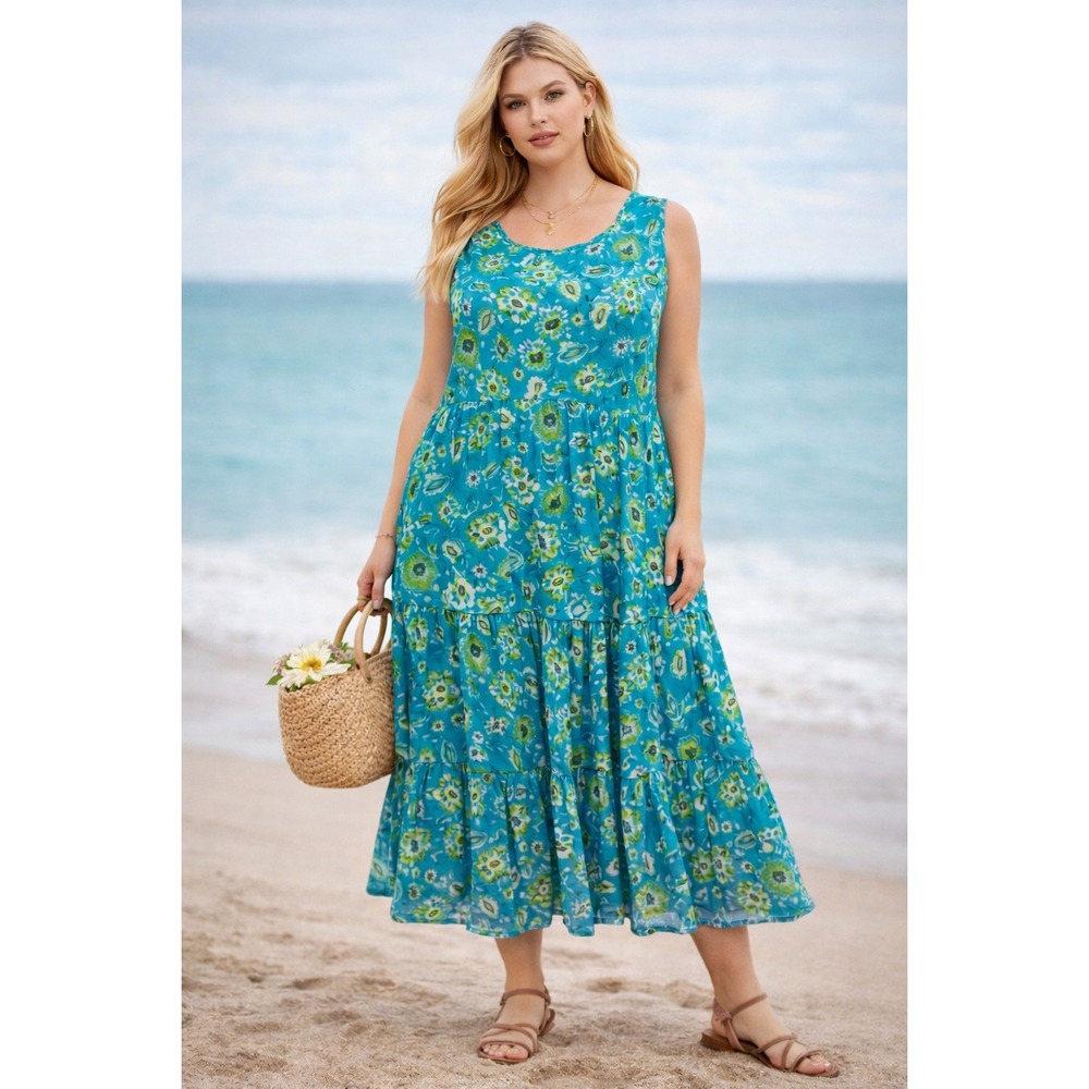 ONLY NECESSITIES Dress Womens 20W Turquoise Floral Tiered Boho Crinkled‎ Gauze